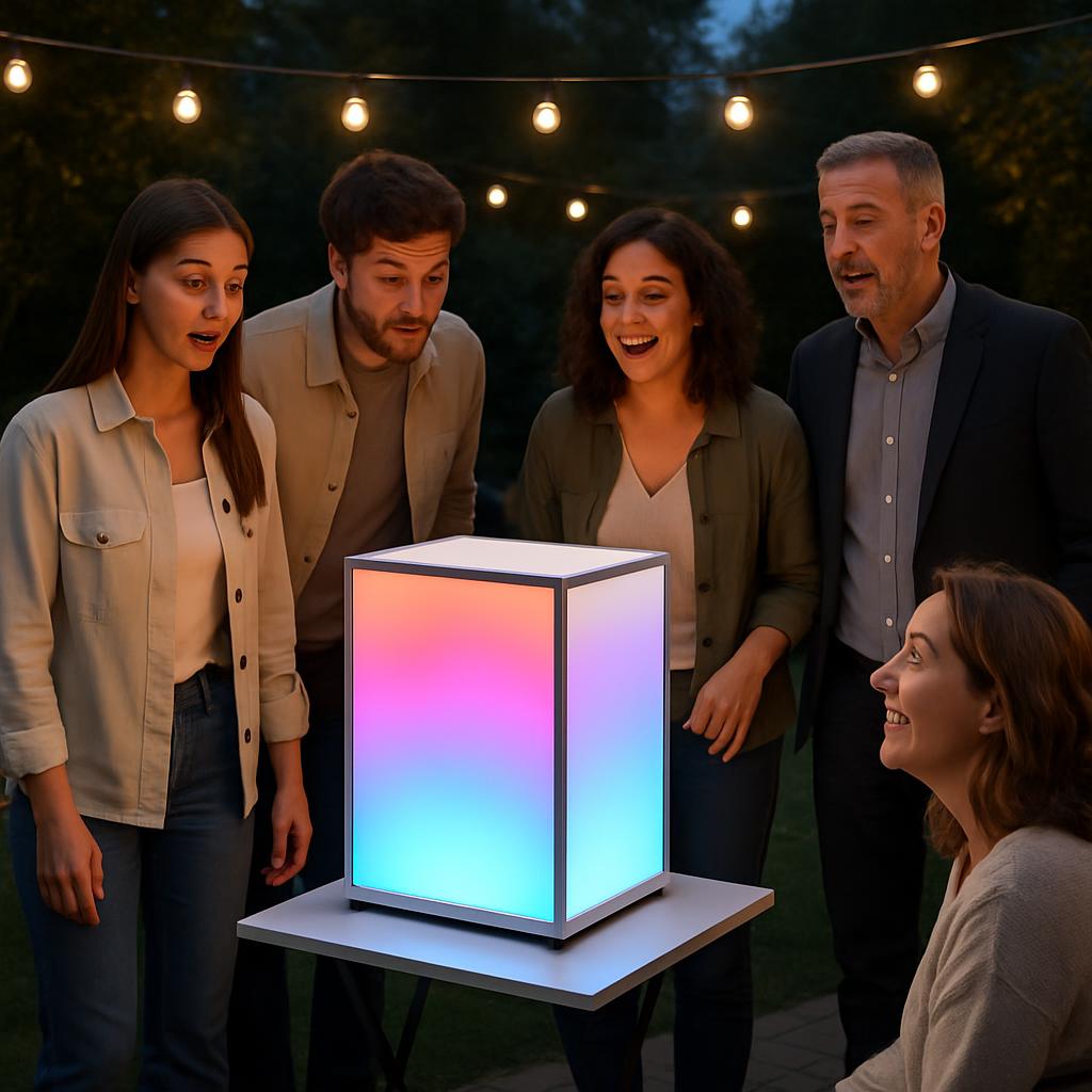 Publicité pour lampe de jardin colorée dans un jardin. Des adultes achèvent de l'éclateur qui est sur une petite table - G...