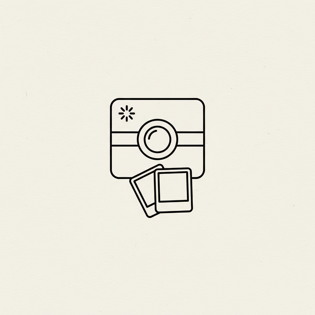 minimal line icon style illustration of a photobooth camera with flash and a small stack of photo prints, light neutral background, consistent with pricing card visuals