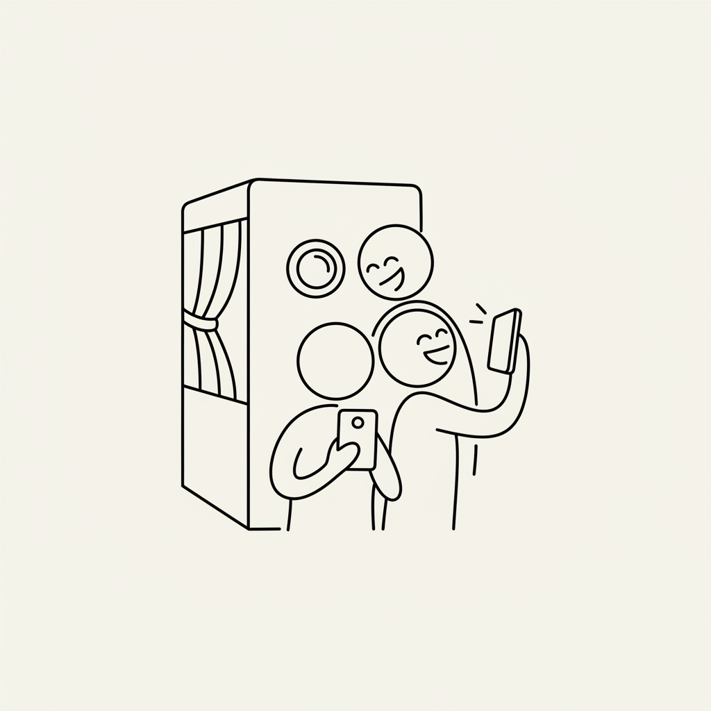 minimal line icon style illustration of party guests taking selfies and laughing near a photobooth, light neutral background, consistent with other pricing icons