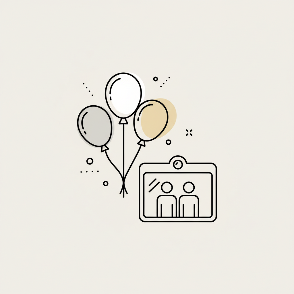 minimal line icon style illustration of a festive event with balloons, confetti, and a photobooth screen, light neutral background, consistent with other pricing icons