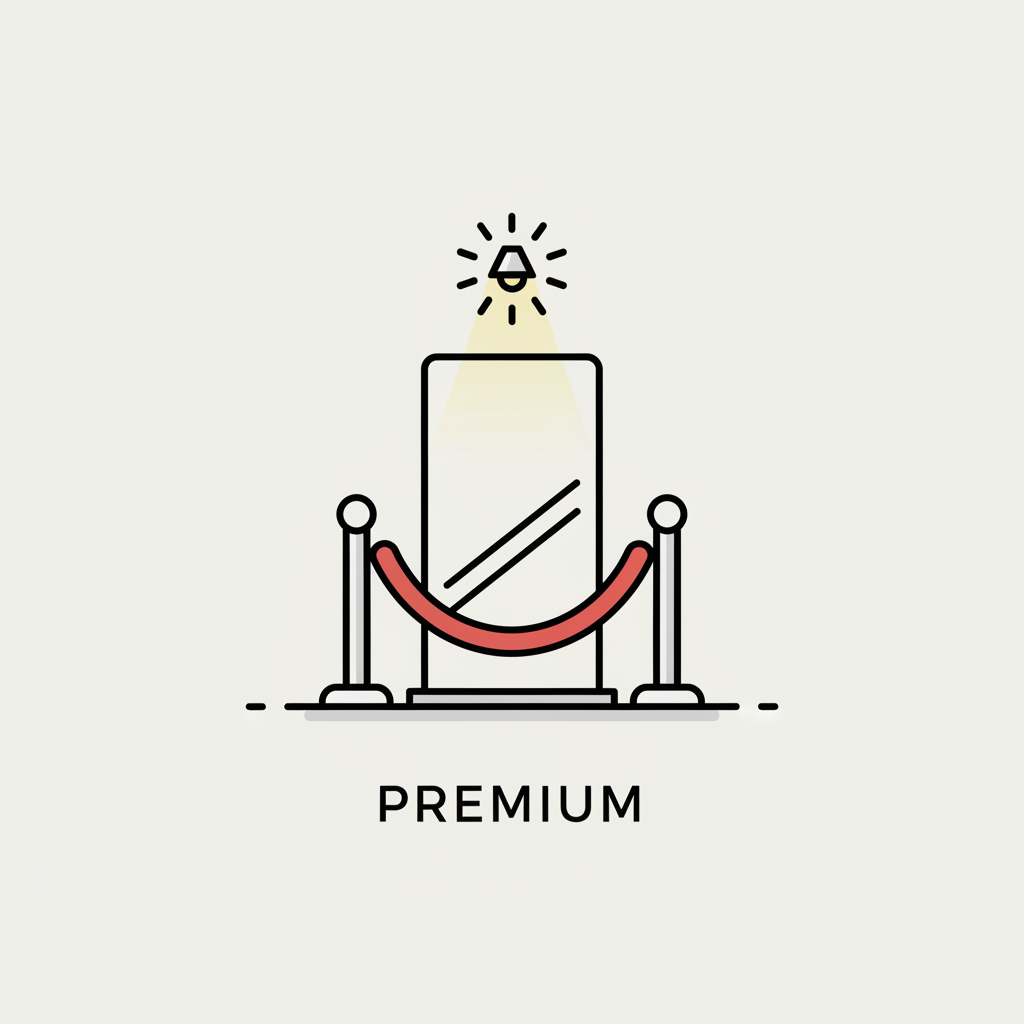 minimal line icon style illustration of a premium photobooth setup with velvet rope and spotlight, light neutral background, consistent with other pricing icons